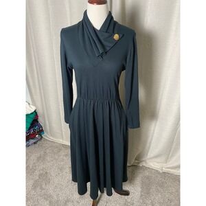 Vintage 70s Berkeley Black Midi Dress Draped Collar Gold Button Pockets Womens